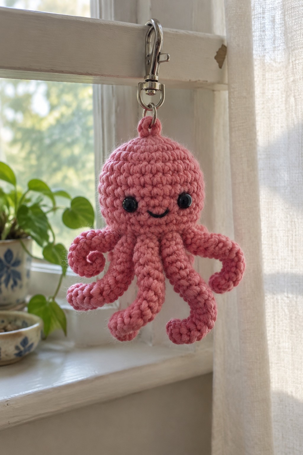 Pink crocheted octopus keychain with smiling face hanging from a window latch.