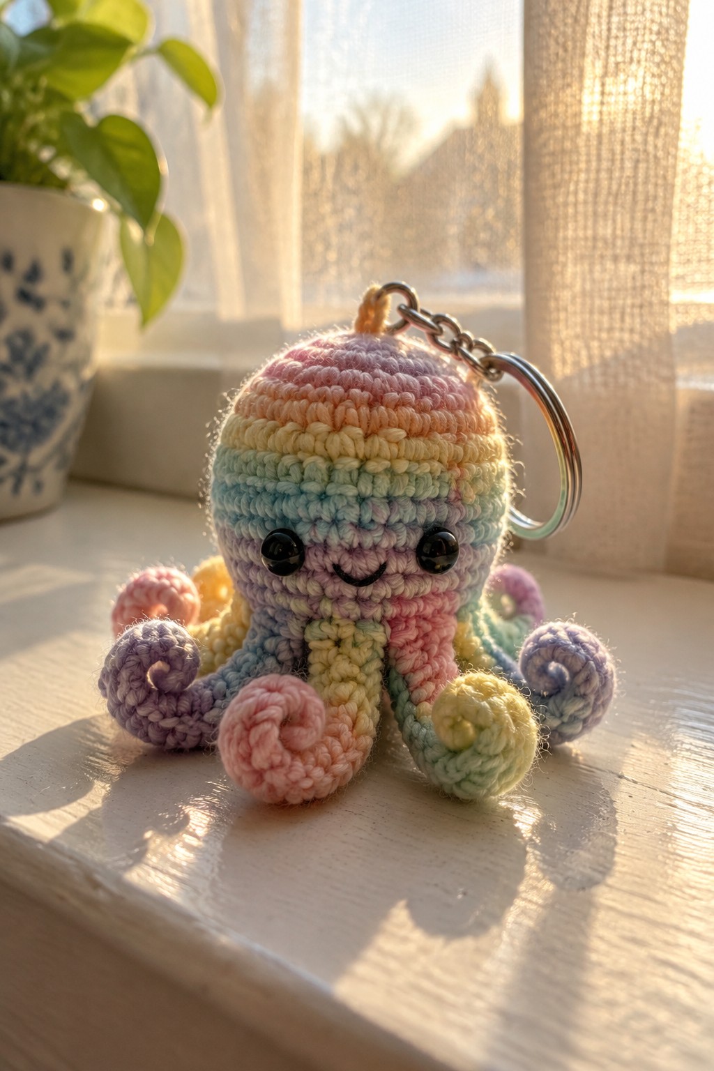 Rainbow crocheted octopus keychain with black eyes on sunlit windowsill
