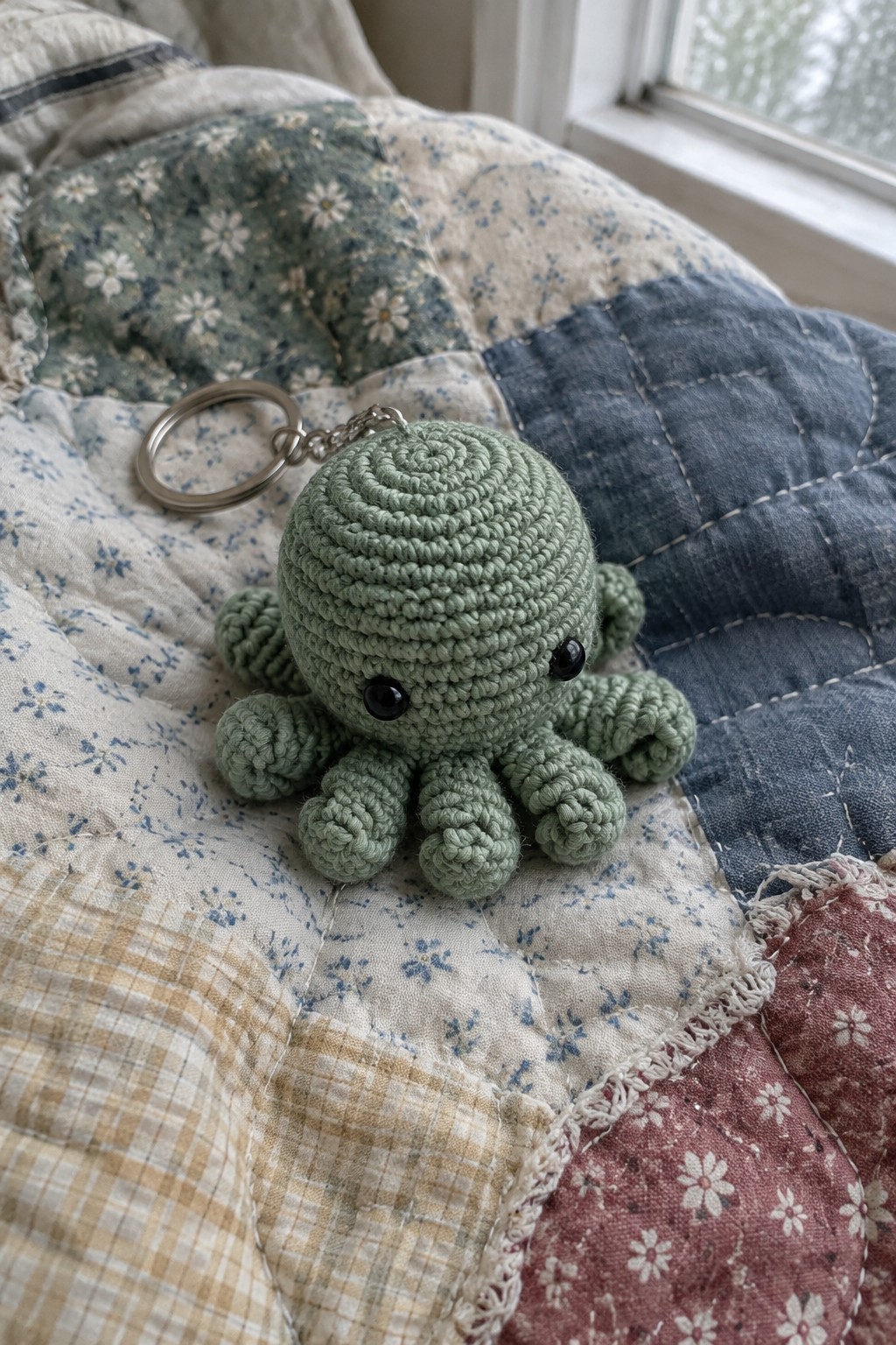 Green crocheted octopus keychain with black eyes on floral patchwork quilt