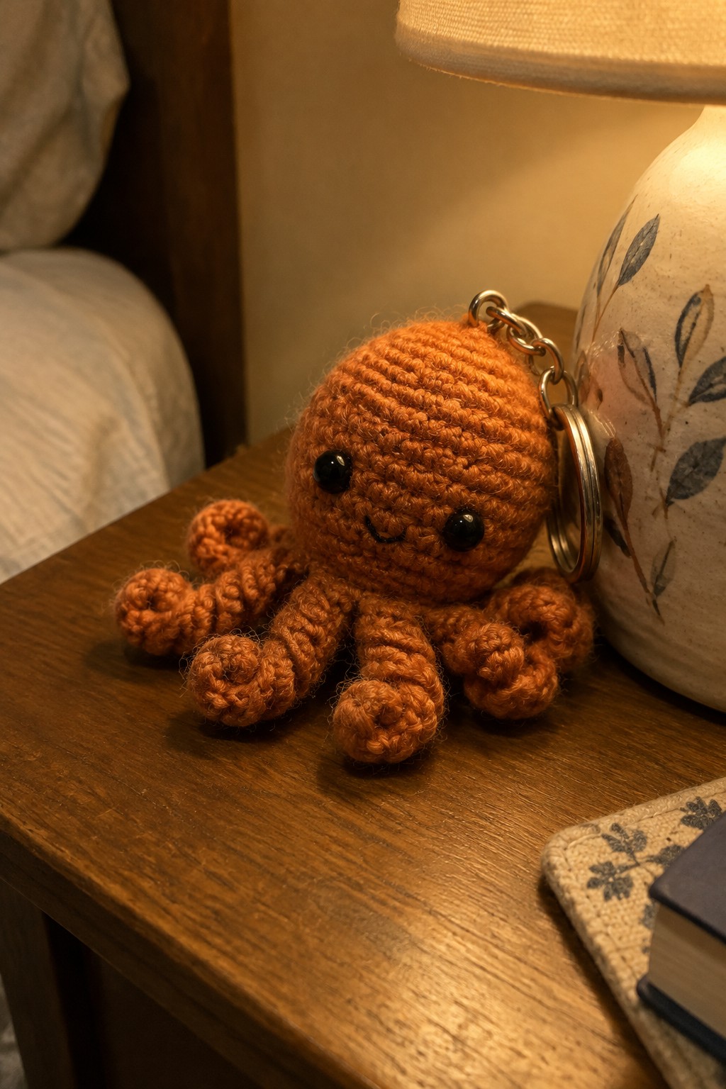 Orange crocheted octopus keychain on wooden table beside floral lamp and book.