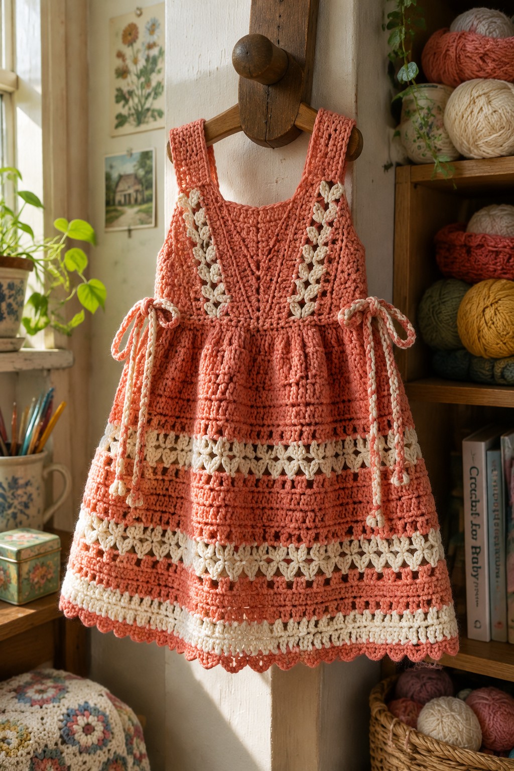 Pink crocheted child's dress with white lace patterns hanging on wooden hook.