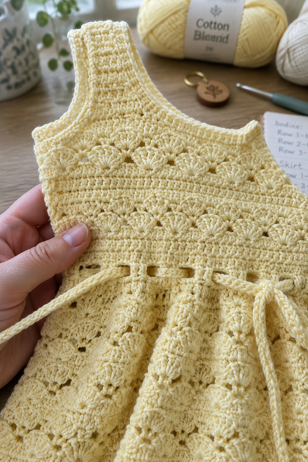 Hand holding pale yellow crocheted dress beside yarn, hook, and notebook