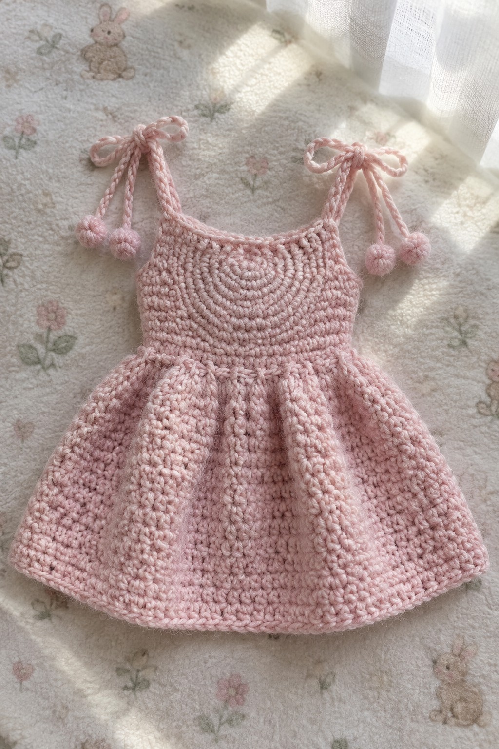 Pink crocheted baby dress with pom-pom tie straps on bunny-patterned blanket