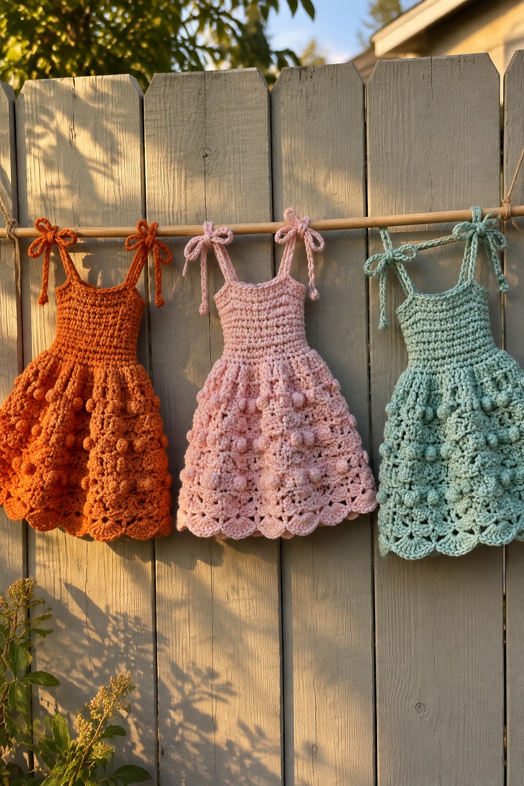 Three crocheted dresses in orange, pink, and mint hanging on a wooden fence