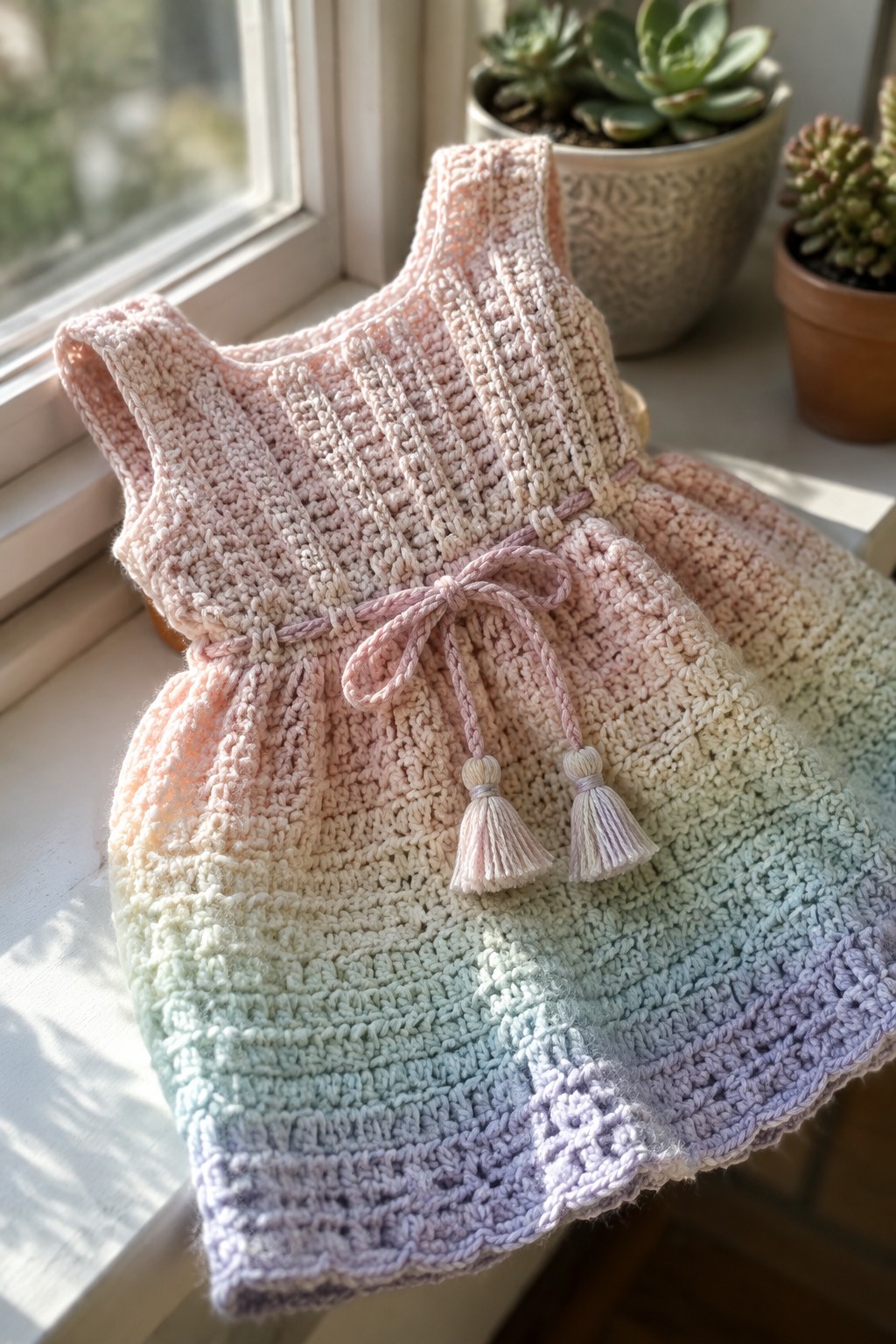 A small crocheted baby dress in soft rainbow gradient yarn with a fitted textured bodice and a tied waist cord with tassels.