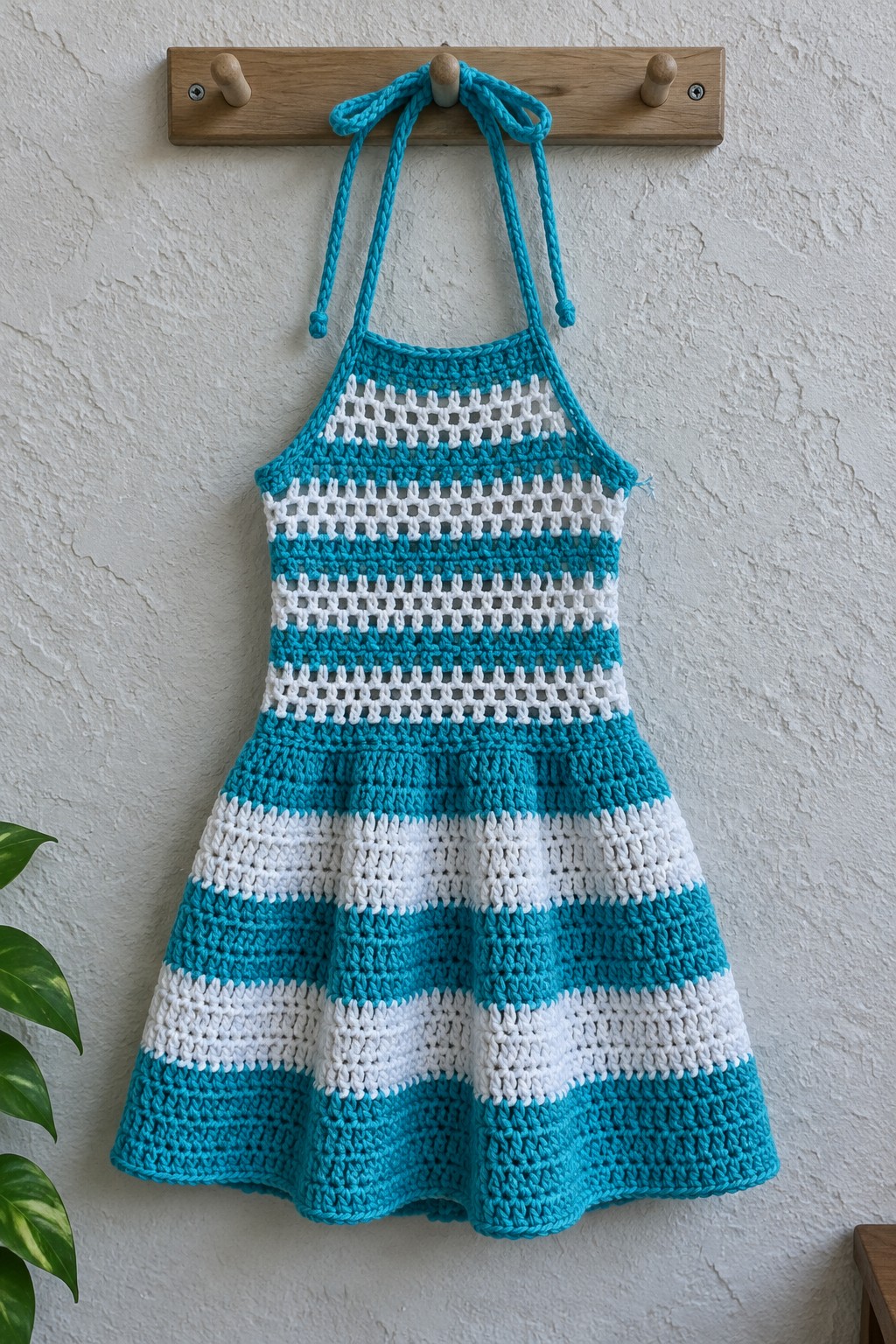 Turquoise and white crocheted halter dress with lace stripes on wooden rack.