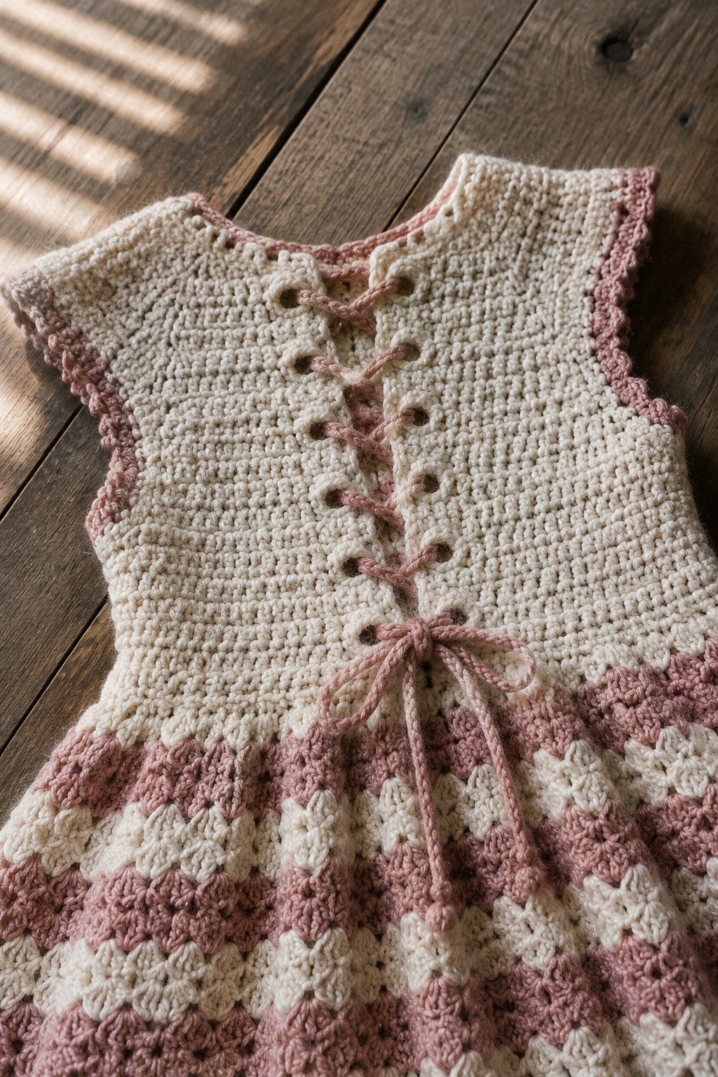 Cream and pink crocheted dress with lace-up back bow on wood.
