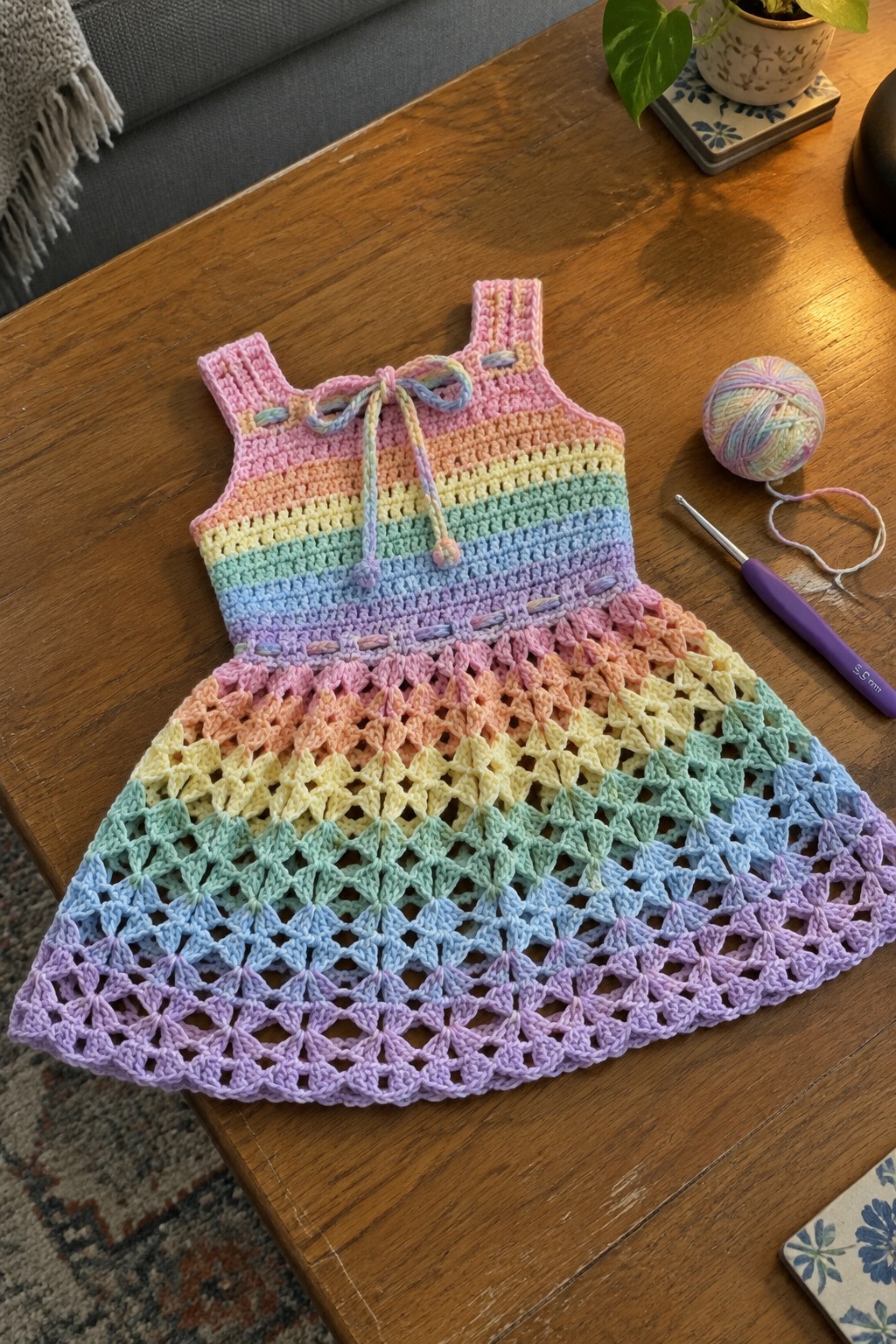Small crocheted rainbow dress with fitted bodice and lacy skirt on wooden table beside crochet hook and yarn ball.