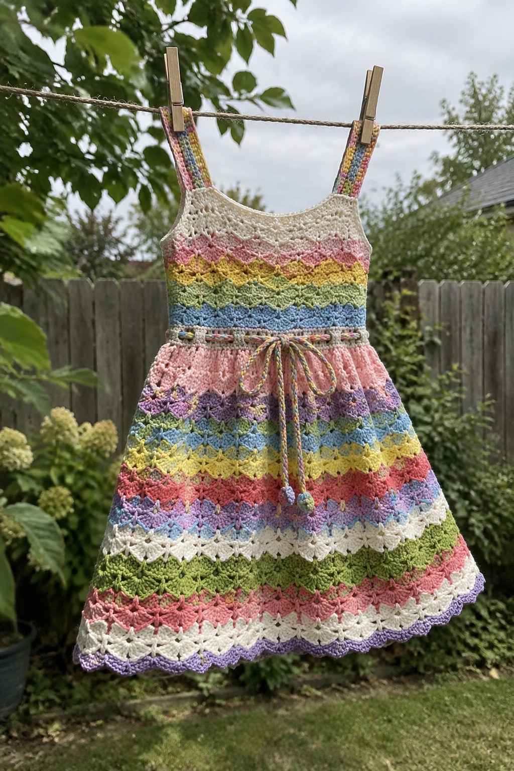 Rainbow crocheted dress with drawstring waist hanging on backyard clothesline