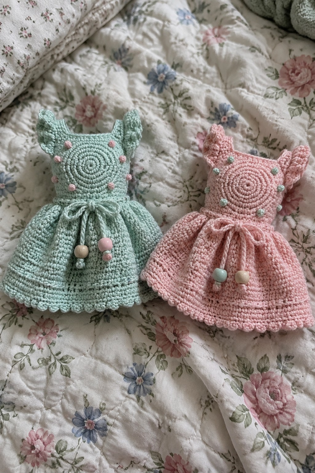 Mint green and pink crocheted dresses with bead ties on floral quilt