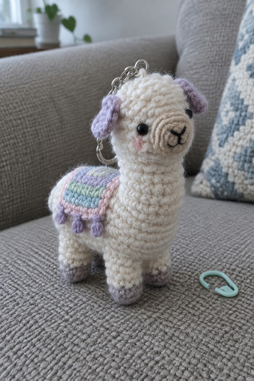Crocheted white llama keychain with purple ears and pastel striped blanket on gray couch