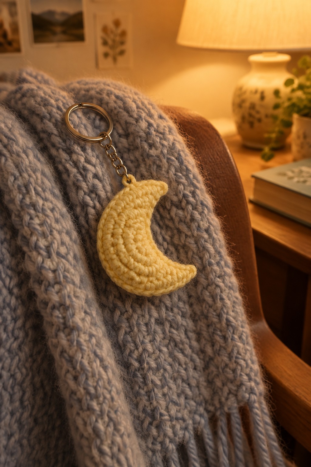 Yellow crocheted crescent moon keychain on blue chunky knit blanket.