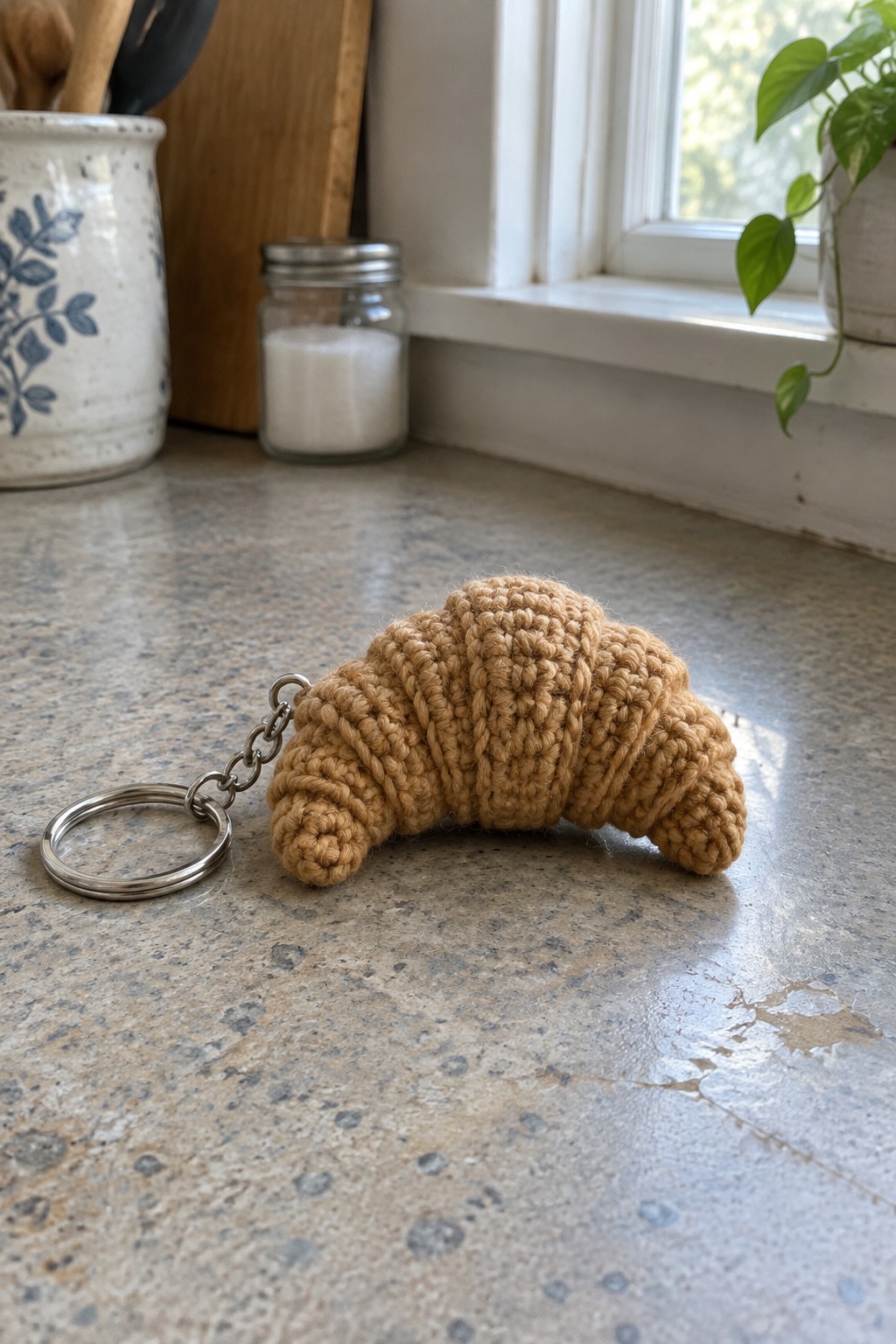 Crocheted tan croissant keychain with silver ring on speckled countertop