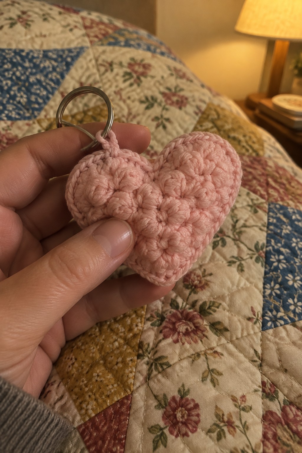 Hand holding pink crocheted heart keychain over floral patchwork quilt.