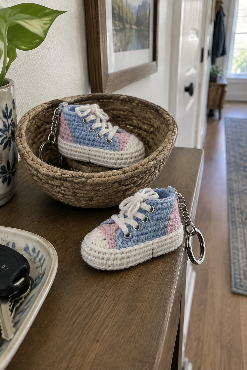 Two small crocheted sneaker keychains in blue, pink, and white sit on a wooden table beside a woven basket.