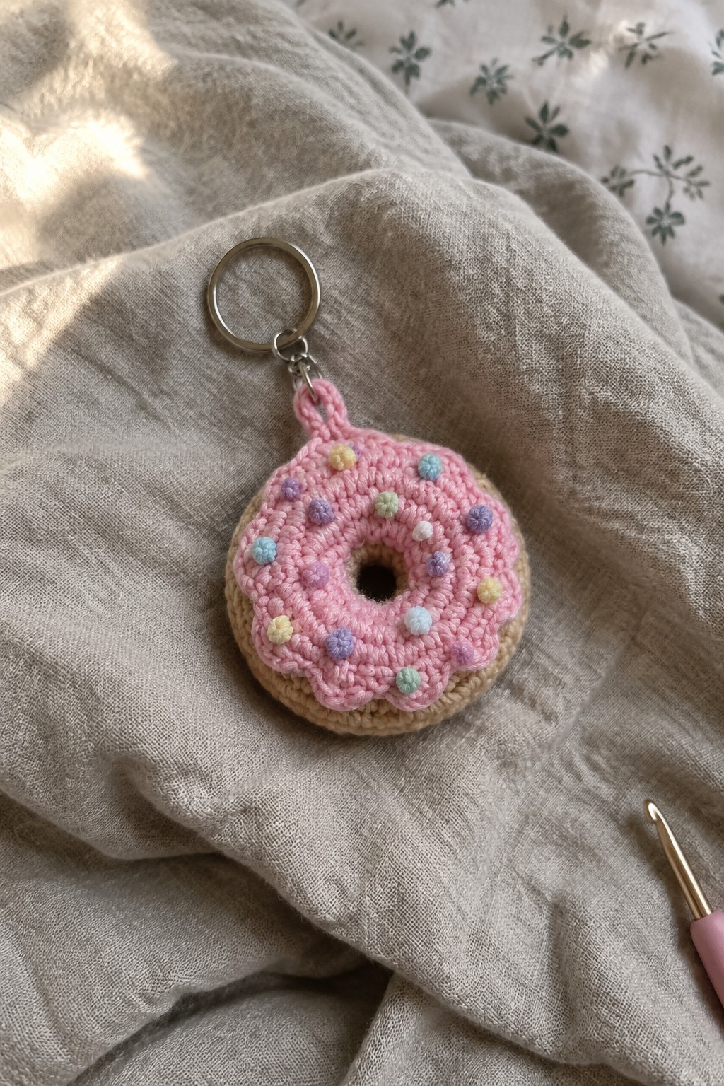 Pink crocheted donut keychain with pastel sprinkles on beige linen beside hook
