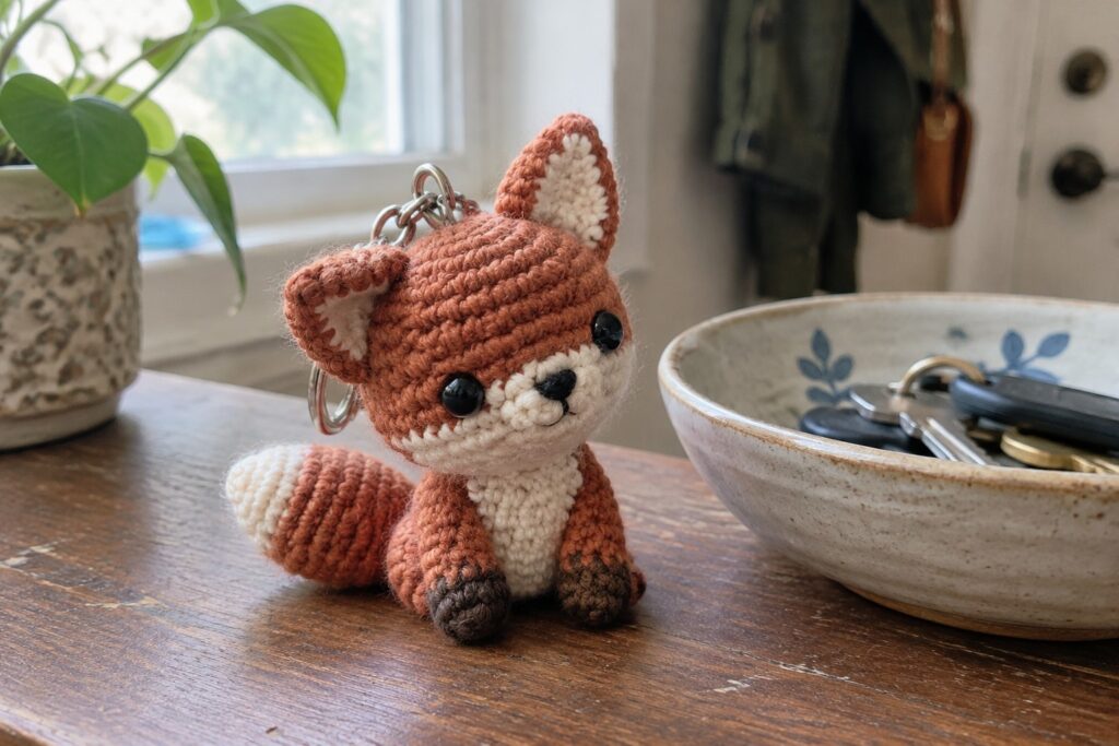 21 Free Crochet Keychain Patterns for Beginner-Friendly Projects Crocheted orange fox keychain with metal ring on wooden table beside ceramic bowl