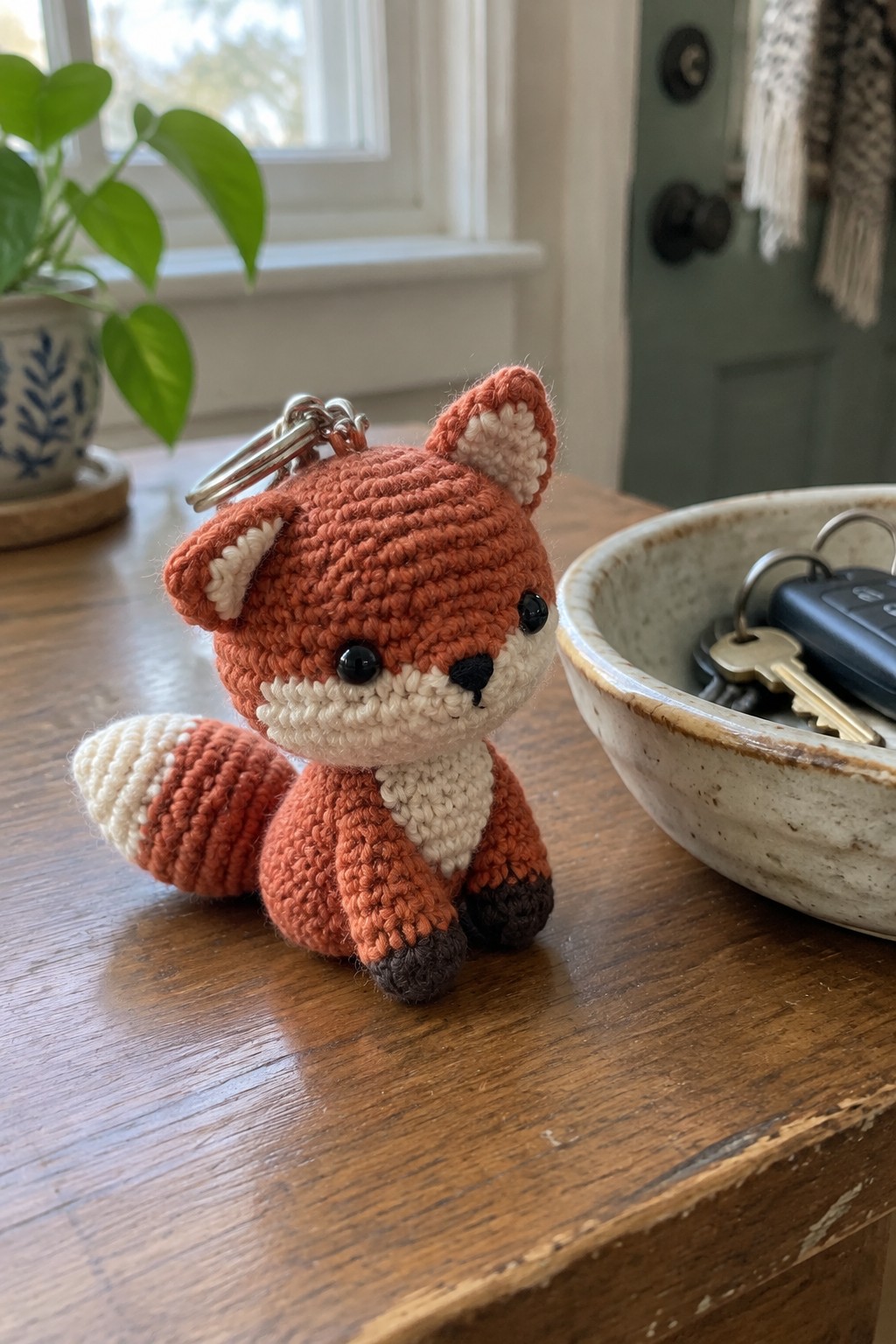 Crocheted orange fox keychain with metal ring on wooden table beside ceramic bowl