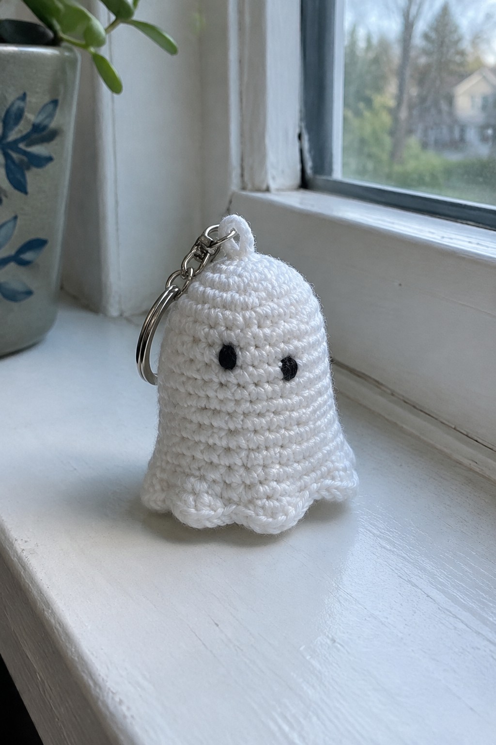 White crocheted ghost keychain with black eyes on a windowsill beside a plant