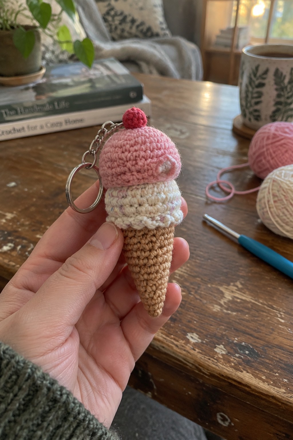 Hand in green sleeve holding pink crocheted ice cream cone keychain with red cherry