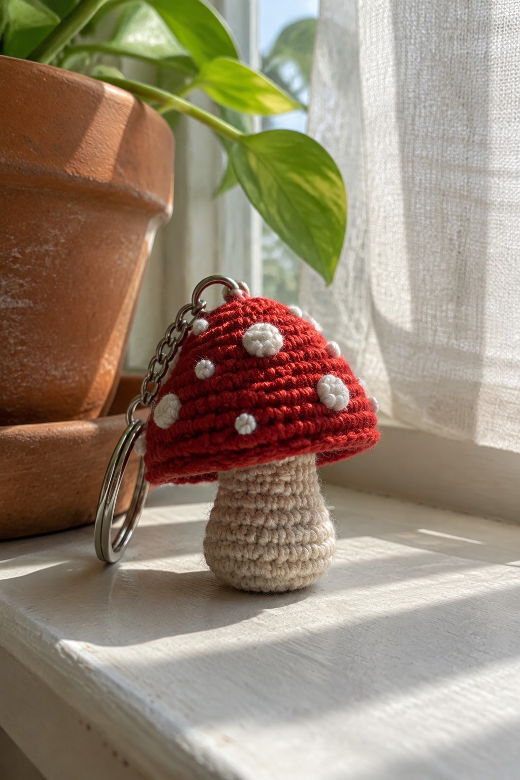 Red crocheted mushroom keychain with white dots and beige stem on windowsill