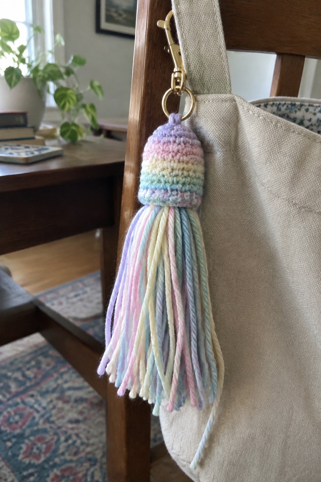 Rainbow crocheted tassel with gold clasp on beige canvas tote bag