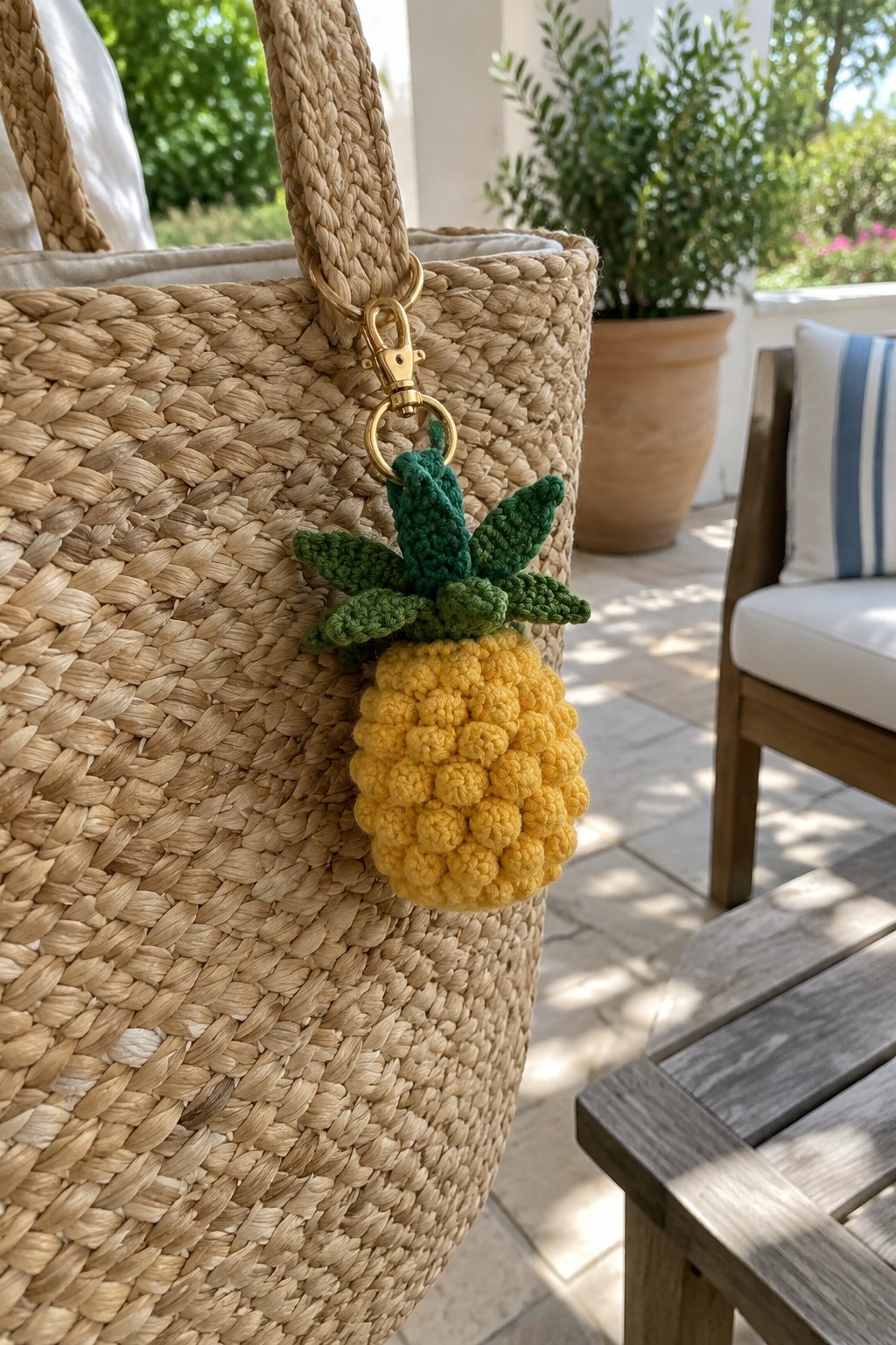 Woven straw tote bag with yellow crocheted pineapple keychain on gold clasp