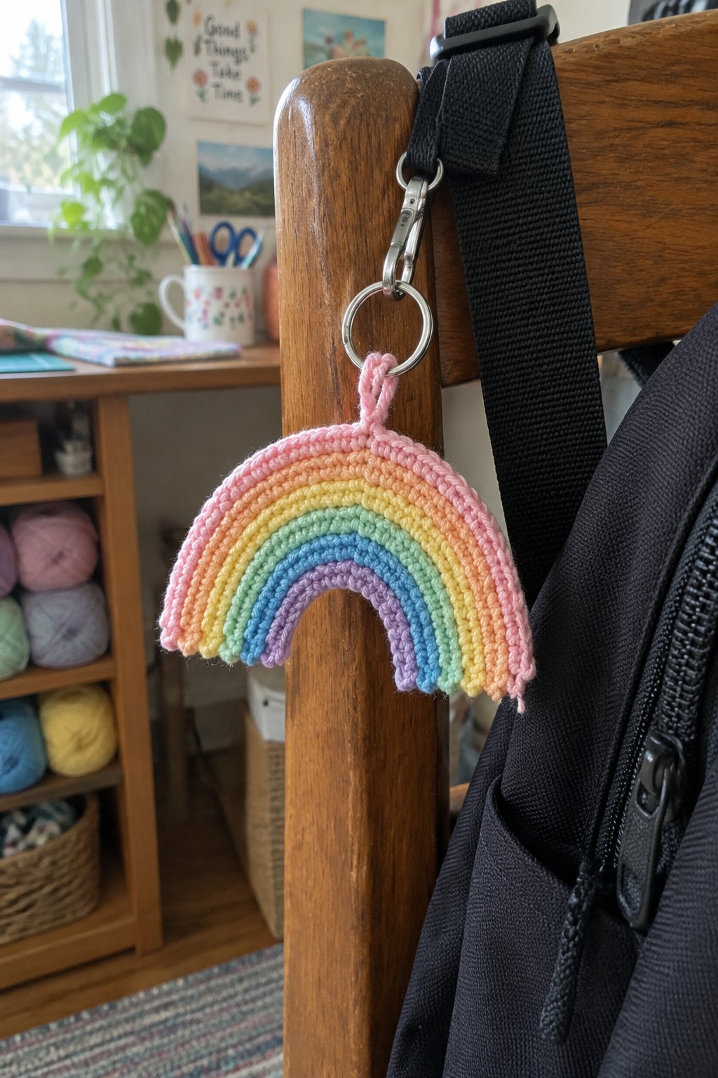 Crocheted pastel rainbow keychain clipped to black strap on wooden chair