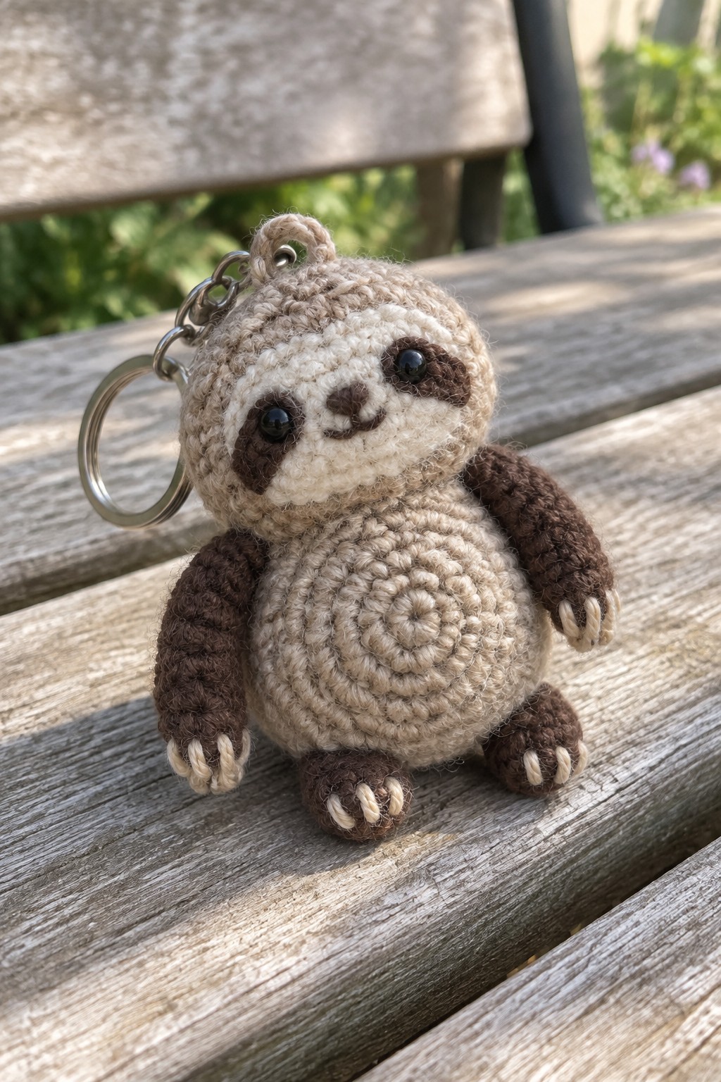 Crocheted beige-brown sloth keychain with metal ring on wooden bench