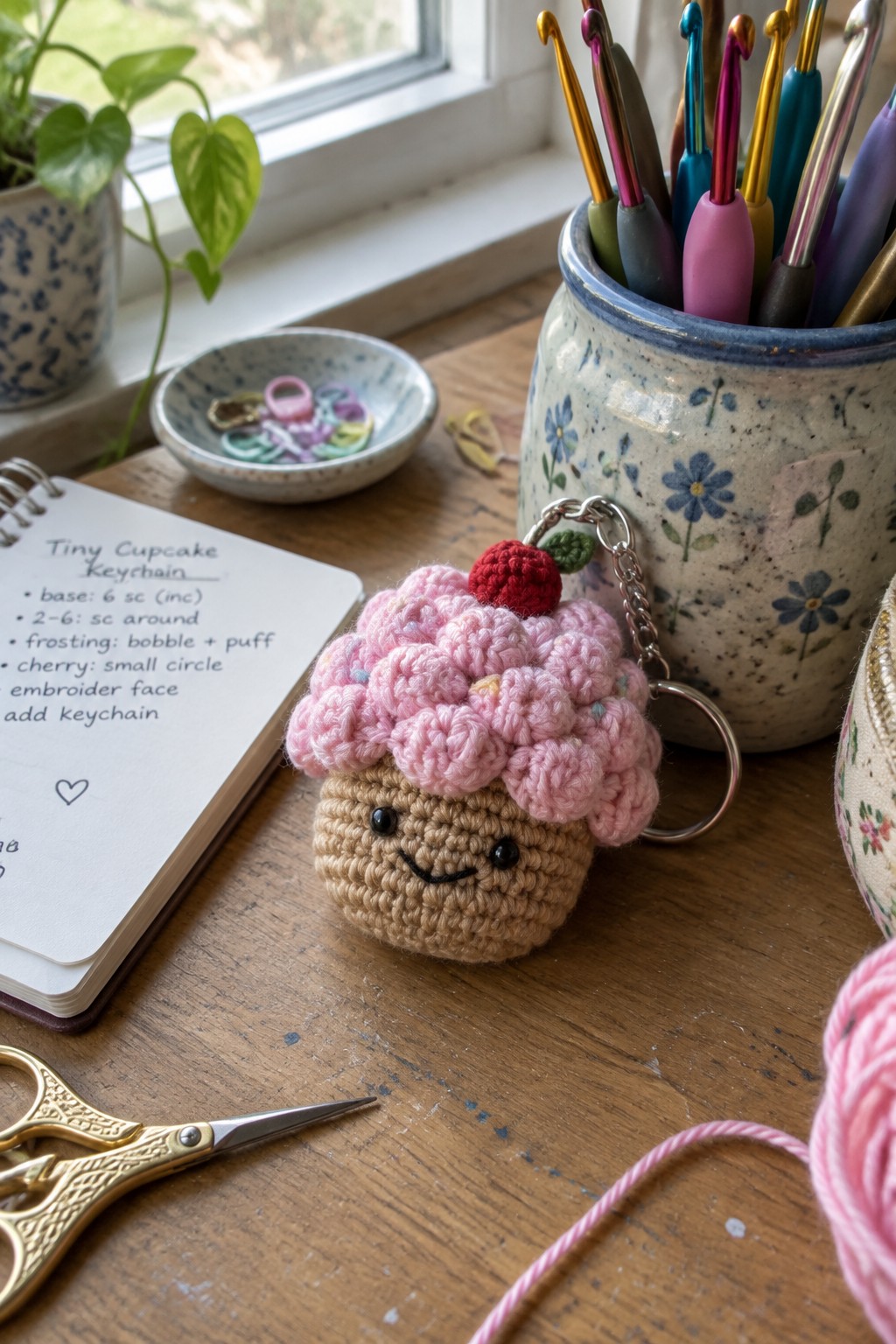Crocheted cupcake keychain with pink frosting and red cherry on wooden table amid hooks and notebook