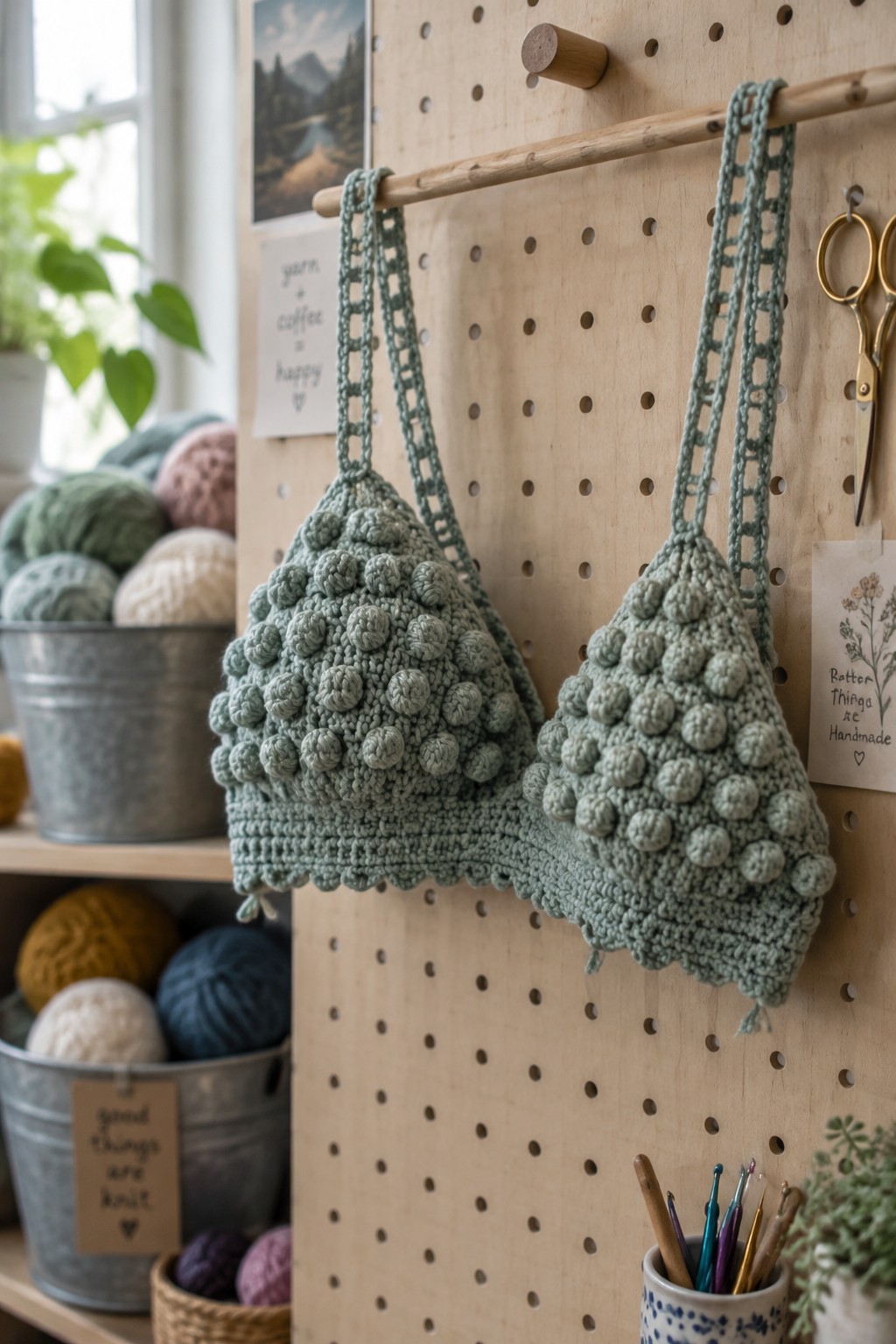 Sage green crocheted bralette with popcorn stitches hangs on wooden pegboard rack.