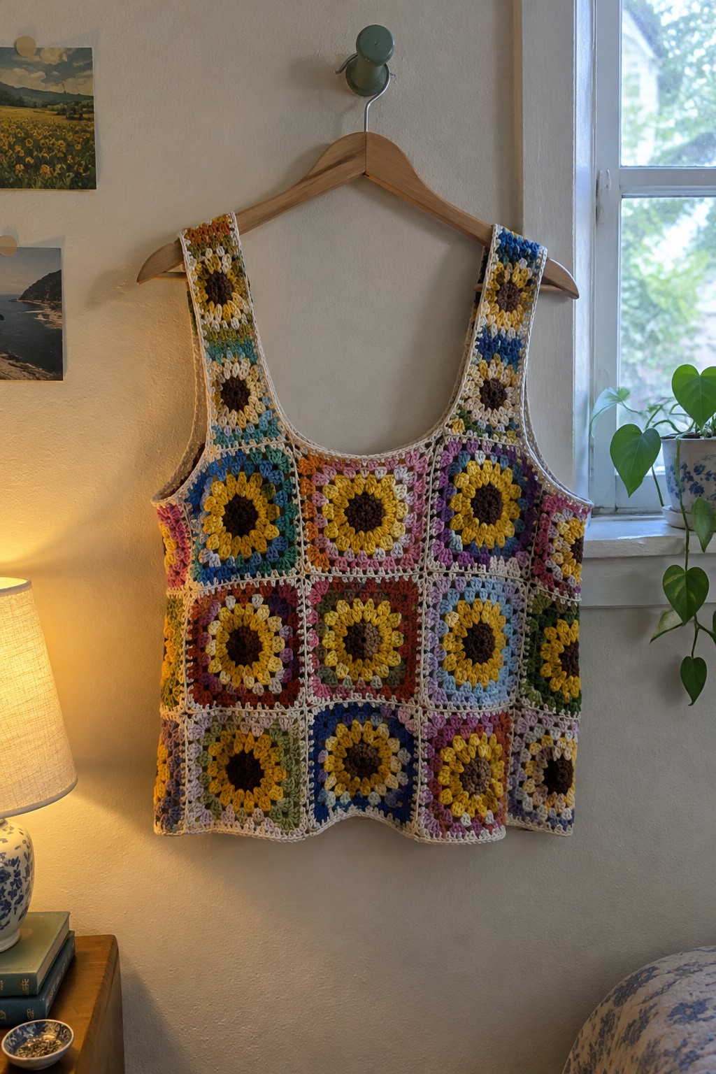 Colorful crocheted granny square tank top with sunflowers on wooden hanger.
