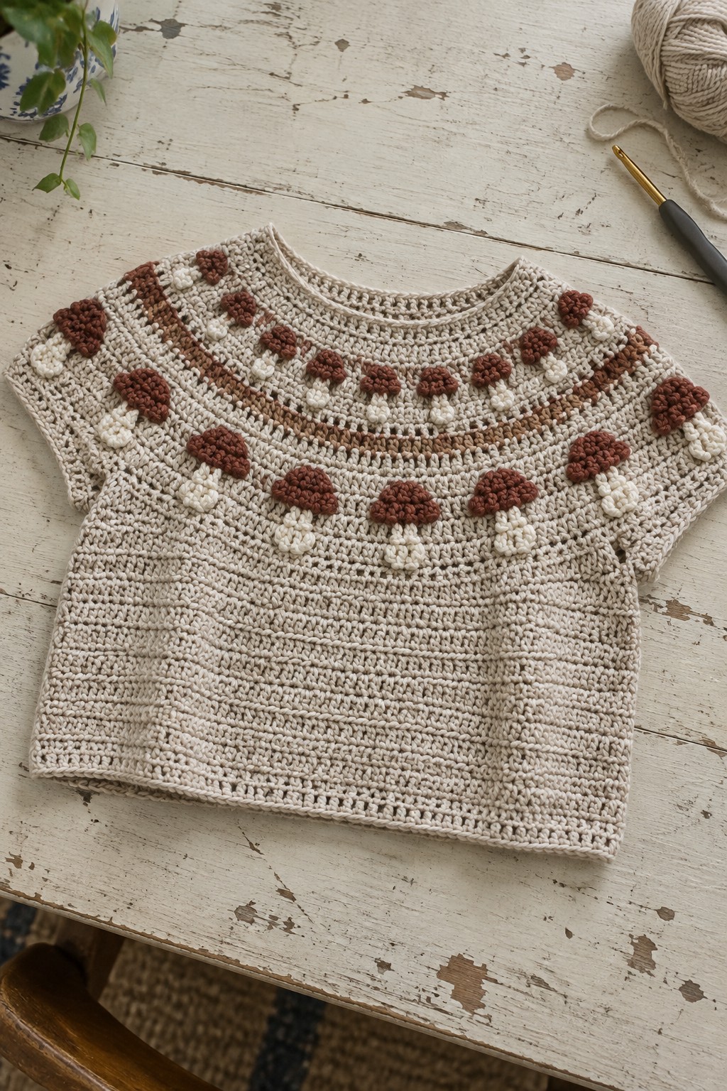 Beige crocheted child's top with brown mushroom patterns beside yarn and hook on table.
