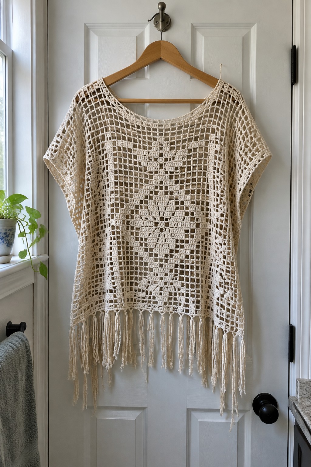 Cream crocheted mesh top with fringe on wooden hanger against white door