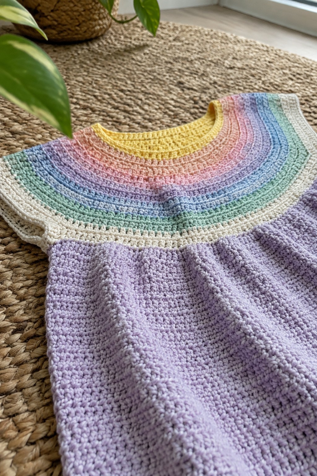 Crocheted rainbow dress with pastel yoke and purple textured skirt on woven mat