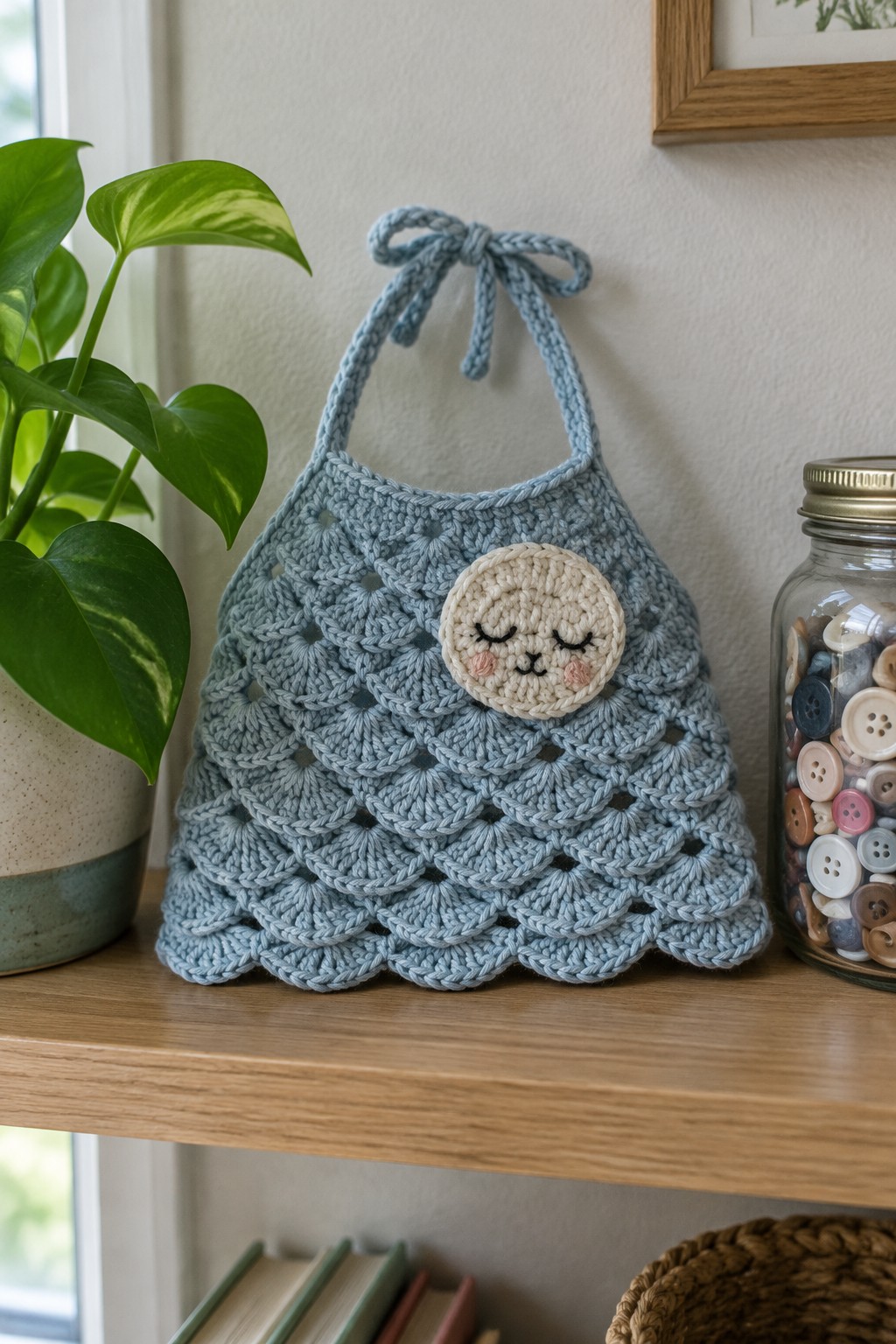 Light blue crocheted bag with bunny face on wooden shelf beside plant and buttons