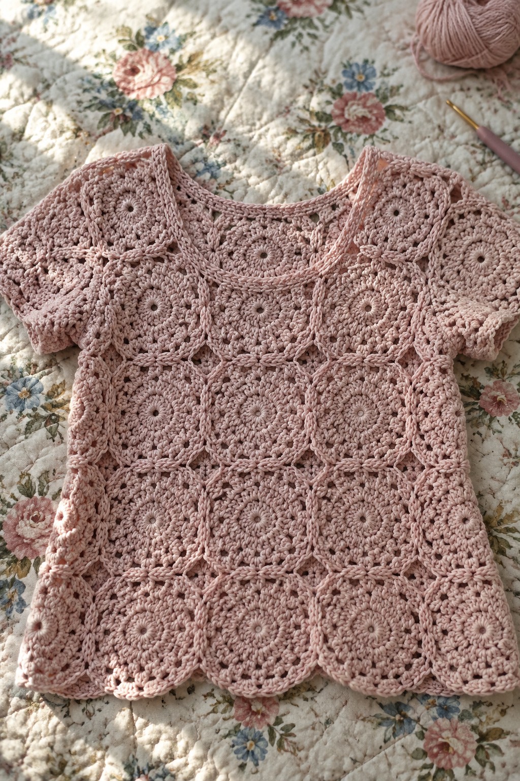 Pink crocheted top with circular motifs on floral quilt beside yarn and hook