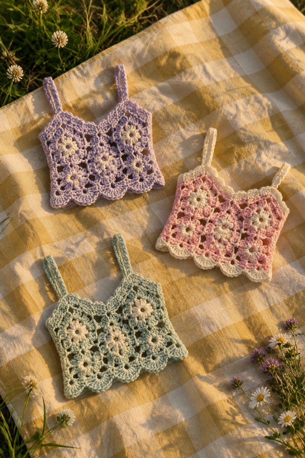 Three pastel crocheted crop tops on a yellow checkered picnic blanket outdoors