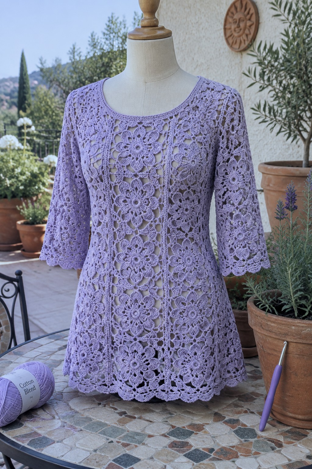 Lavender floral crochet lace top on mannequin with yarn skein and hook on patio