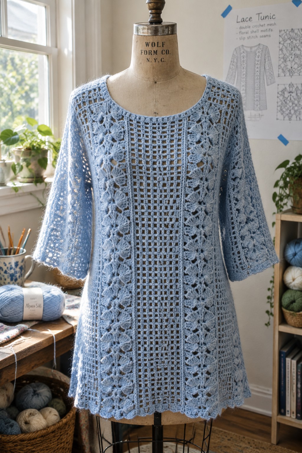 Light blue floral lace crochet tunic on mannequin in sunlit craft room with yarn