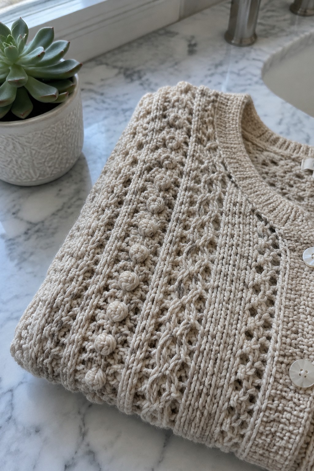 Beige cable-knit cardigan with bobbles on marble countertop beside potted succulent