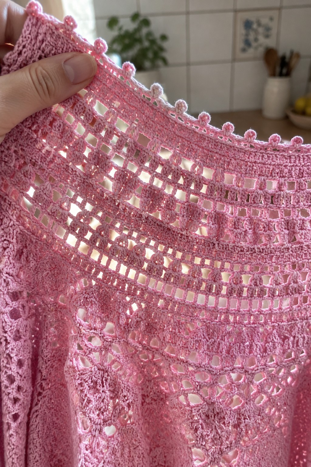 Pink crocheted lace fabric with pom-pom trim held by hand in kitchen