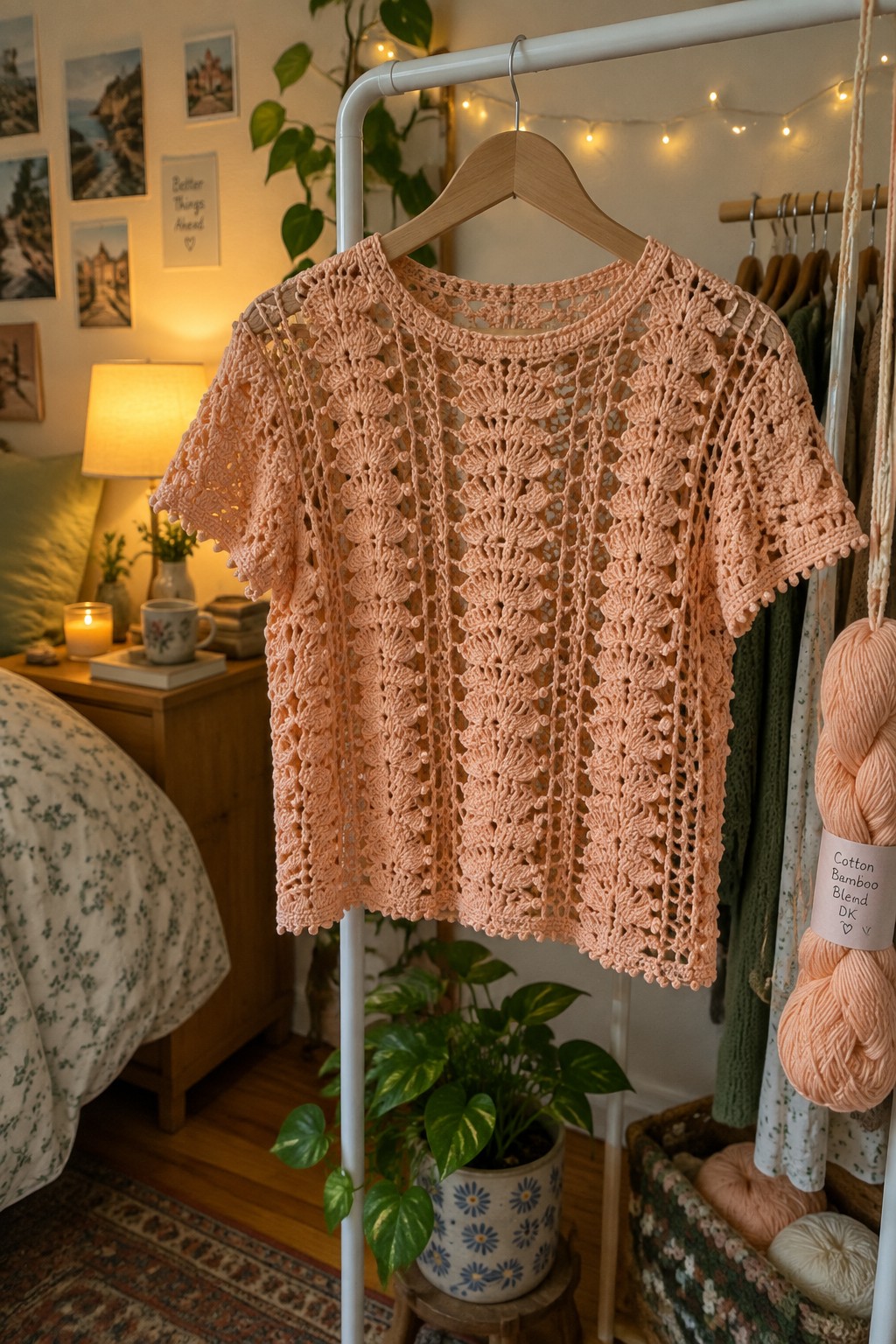 Peach crocheted lace short-sleeve top hanging on wooden hanger in cozy bedroom