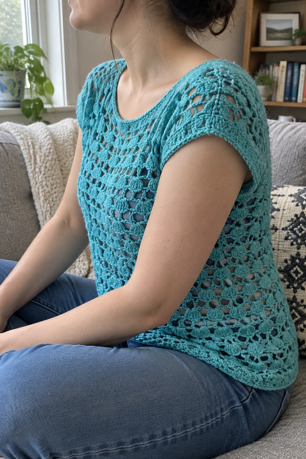 Woman in turquoise crocheted lace top and blue jeans on couch
