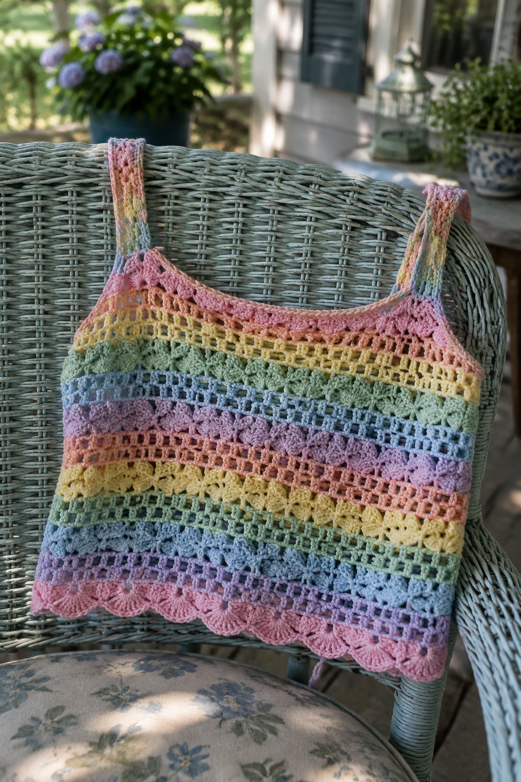 Rainbow crocheted tank top draped over a wicker chair on a porch.