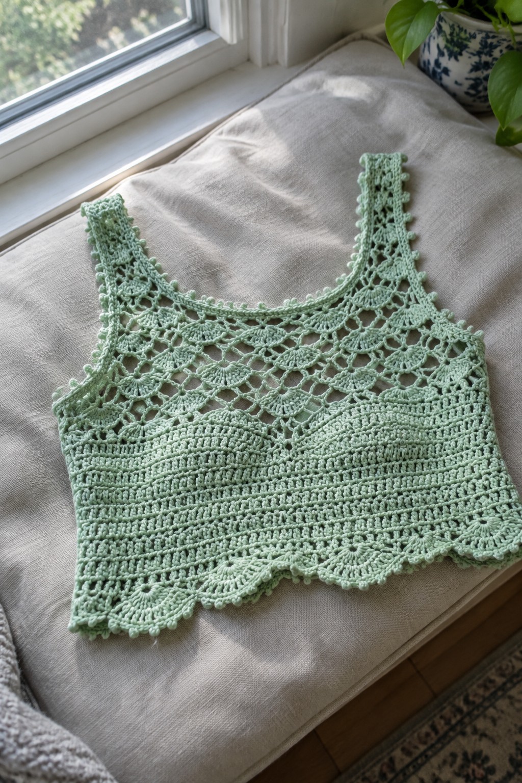 Mint green crocheted lace tank top on beige cushion by sunny window