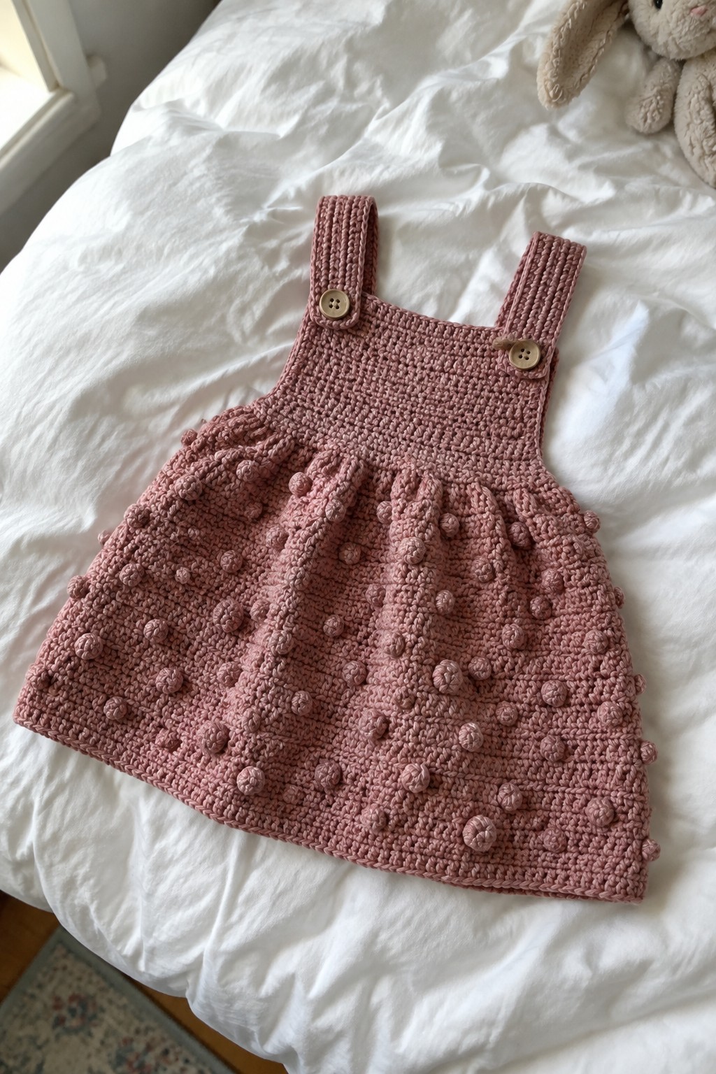 Pink crocheted pinafore dress with bobble skirt on white bed beside bunny