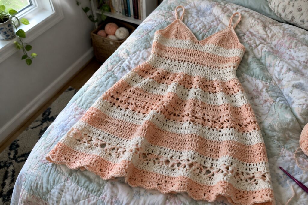 Peach and cream striped crochet sundress with lace patterns on floral quilted bed.