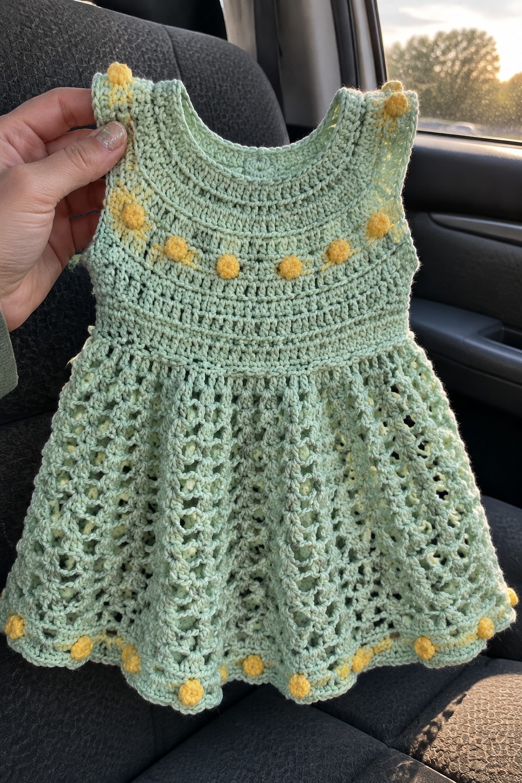 Hand holding mint green crocheted baby dress with yellow pom-poms inside car.