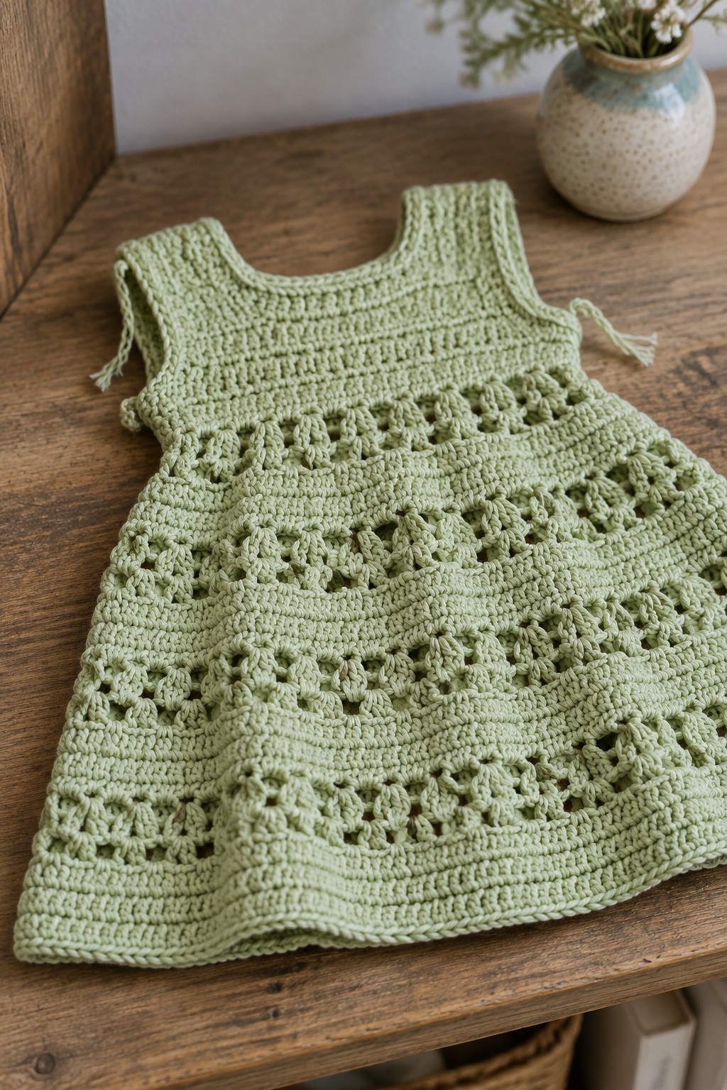 Pale green crocheted lace dress on wooden table beside floral vase
